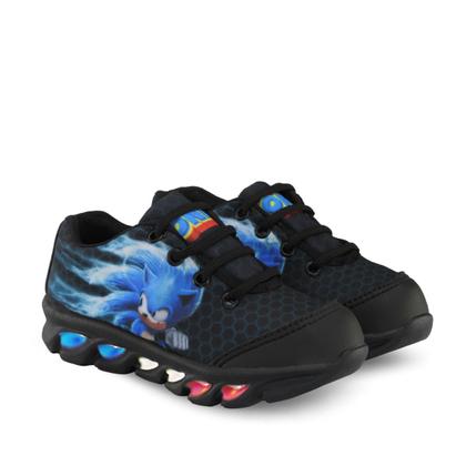 Imagem de Kit Tênis De Led Infantil Menino Masculino Sonic Preto + Mochila