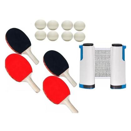 Imagem de Kit Tenis De Mesa 4 Raquetes 8 Bolinhas Ping Pong E Rede