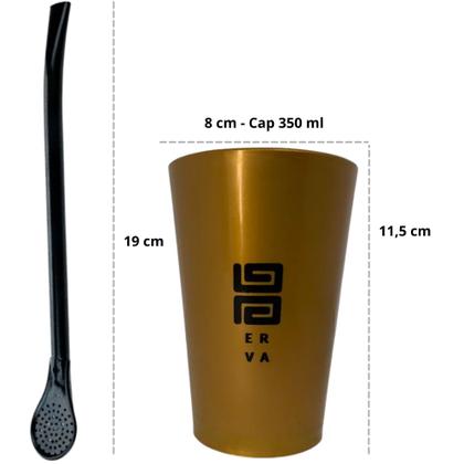 Imagem de Kit Tereré Black Erva Mate Copo Caldereta Dourado Bomba Clássica Preta Escolha Sabor Com Medidor