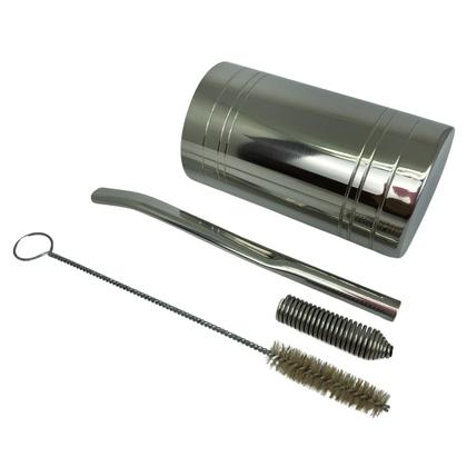 Imagem de Kit tereré copo cuia redondo recartilhado inox 300ml prata + bomba mola sem rosca desmontável prata + escova de higiene