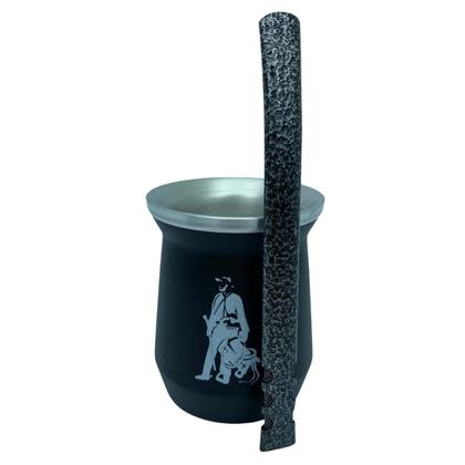 Imagem de Kit tereré cuia copo redondo 350ml alumínio parede dupla preto + bomba V8 tela luxo 19cm craquelado + escova higiene