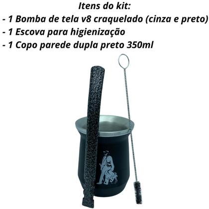 Imagem de Kit tereré cuia copo redondo 350ml alumínio parede dupla preto + bomba V8 tela luxo 19cm craquelado + escova higiene