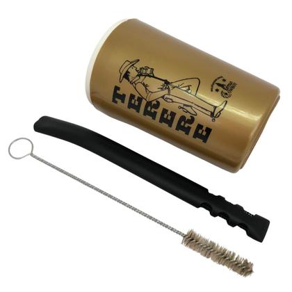 Imagem de Kit tereré cuia copo térmico plástico 300ml dourado com tampa + bomba tela v8 preta 19cm não entope + escova