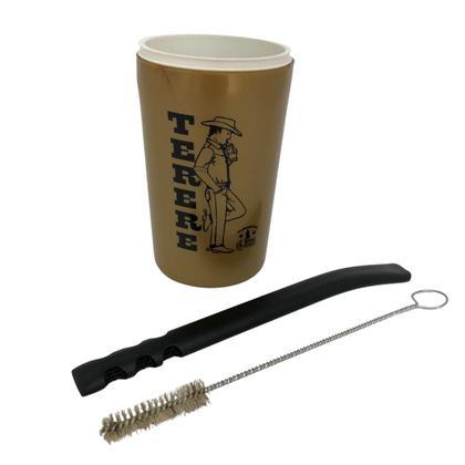 Imagem de Kit tereré cuia copo térmico plástico 300ml dourado com tampa + bomba tela v8 preta 19cm não entope + escova