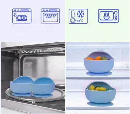 Imagem de Kit - tigela com colher de silicone com cabo de bambu para alimentação do bebê