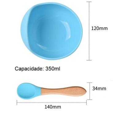 Imagem de Kit - tigela com colher de silicone com cabo de bambu para alimentação do bebê