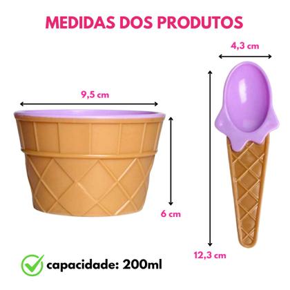 Imagem de Kit Tigela Pote Potinho E Colher Formato Casquinha Plástico Colorido Sorvete Açaí Sobremesa Fruta