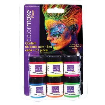 Imagem de Kit Tinta Líquida Neon Facial Com Pincel 6 Cores (15Ml Cada) - Color Make