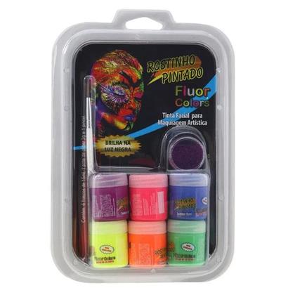 Imagem de Kit Tinta Maquiagem p/ Pele Liquida 6 Cores Neon Fluor + Glitter e Pincel Color Make