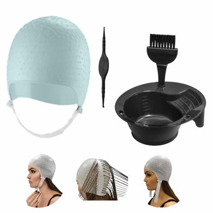Imagem de Kit Tintura hidratação Tigela Pincel e Touca Mechas Luzes Siliconada Metalizada Com Agulha Dompel - Verde