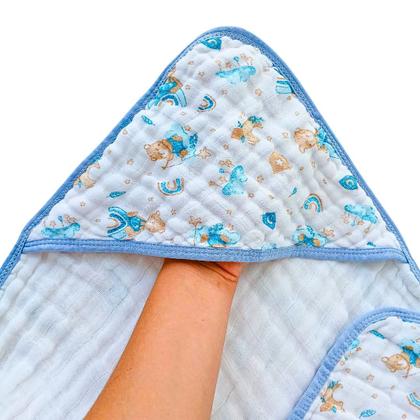 Imagem de Kit Toalha Banho Soft Bebe Com Capuz + 2 Toalha Pano de Boca Babete Soft 100% Algodão Menino Menina