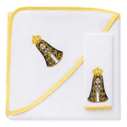 Imagem de Kit Toalha de Banho Bebe Soft C/Capuz + Pano de Boca Babebe Festone Bordada Amarelo