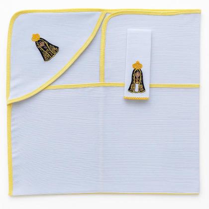 Imagem de Kit Toalha de Banho Bebe Soft C/Capuz + Pano de Boca Babebe Festone Bordada Amarelo