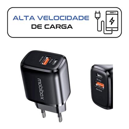 Imagem de Kit Tomada / Caixinha / Fonte / Carregador de Parede - 2 saídas - Usb + Tipo C 3A - c/ Cabo lightning entrada Usb - 2 Metros Ultra rápido