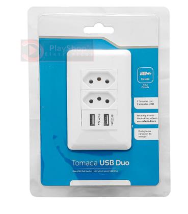 Imagem de Kit Tomada De Parede Dupla 10A Com Espelho Branco 4x2 Com 2 Portas Usb 3A - Conjunto 4 Unidades