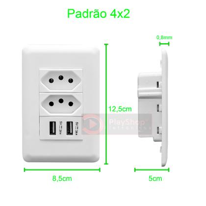 Imagem de Kit Tomada De Parede Dupla 10A Com Espelho Branco 4x2 Com 2 Portas Usb 3A - Conjunto 4 Unidades