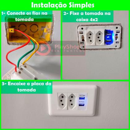 Imagem de Kit Tomada De Parede Dupla 10A Com Espelho Branco 4x2 Com 2 Portas Usb 3A - Conjunto 4 Unidades