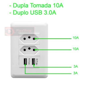 Imagem de Kit Tomada De Parede Dupla 10A Com Espelho Branco 4x2 Com 2 Portas Usb 3A - Conjunto 4 Unidades