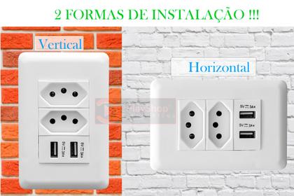 Imagem de Kit Tomada De Parede Dupla 10A Com Espelho Branco 4x2 Com 2 Portas Usb 3A - Conjunto 4 Unidades