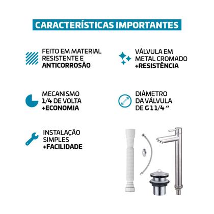 Imagem de Kit Torneira Bica Alta Aço Escovado com Válvula Inox Cromada Engate e Sifão Beltempo