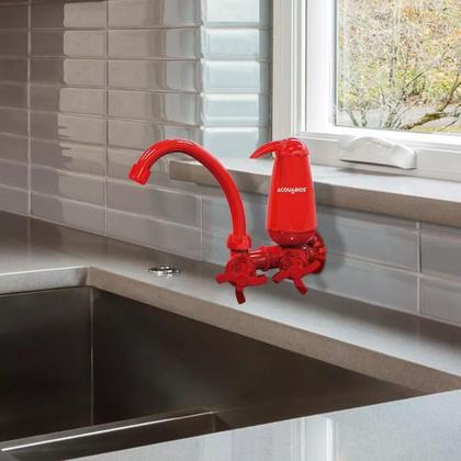 Imagem de Kit Torneira de Cozinha Parede com Filtro Acquabios 1006-0123 Vermelha + 1 Refil Extra 1007-0003
