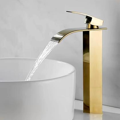 Imagem de Kit Torneira para Banheiro Misturador Monocomando Cascata Alta Dourada Com Válvula Ralo Click Up Luxo Dourada