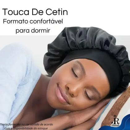 Imagem de Kit Touca de Cetim Faixa Larga Anti Frizz + Xuxinha Fru fru de Cetim + Escova Cabelo Raquete Vazada