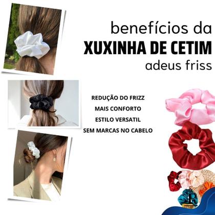 Imagem de Kit Touca de Cetim Faixa Larga Anti Frizz + Xuxinha Fru fru de Cetim + Escova Cabelo Raquete Vazada