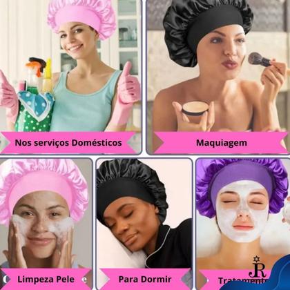 Imagem de Kit Touca de Cetim Faixa Larga Anti Frizz + Xuxinha Fru fru de Cetim + Escova Cabelo Raquete Vazada