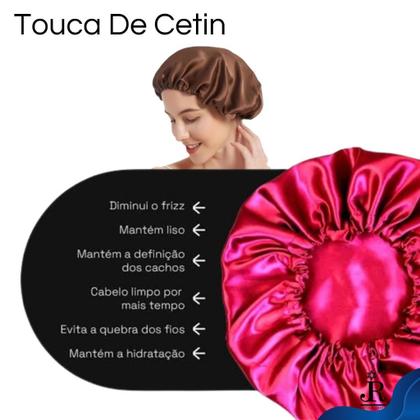 Imagem de Kit Touca de Cetim Faixa Larga Anti Frizz + Xuxinha Fru fru de Cetim + Escova Cabelo Raquete Vazada