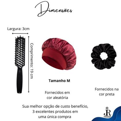Imagem de Kit Touca de Cetim Faixa Larga Anti Frizz + Xuxinha Fru fru de Cetim + Escova Cabelo Raquete Vazada