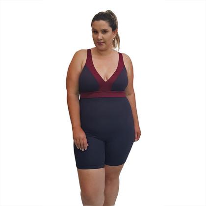 Imagem de Kit Touca e Macaquinho Natação Plus Size com Sustentação Light Preto com Detalhe em Marsala