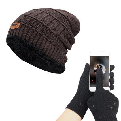 Imagem de Kit Touca Gorro Lã Forrada + Luva Touch Mexer Celular Tablet