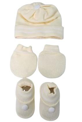 Imagem de Kit Touca Luva e Sapatinho Tricot Tricô AMARELO LISTRADO para Bebê RN 0 a 3 meses TRICART