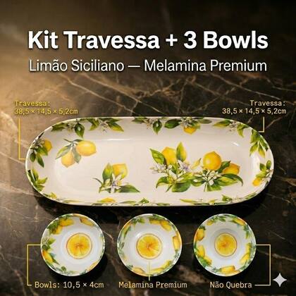 Imagem de Kit Travessa E 3 Bowls Tigelas Limão Siciliano Resistente