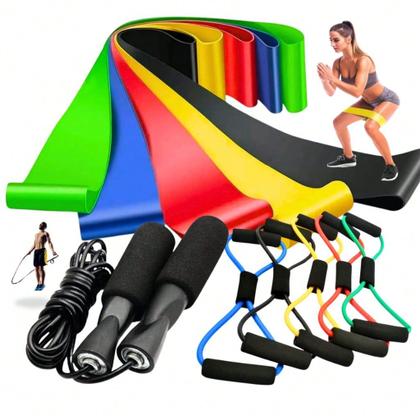 Imagem de Kit Treine Em Casa Completo Elástico Extensor Cross Tube + Kit com 5 Faixa + Corda de Pular