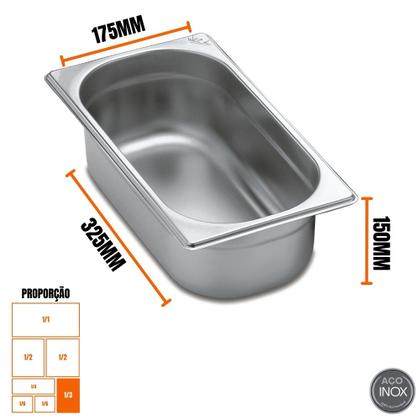 Imagem de Kit Três Cubas Gastronomica Padrão Gn 1/3 150mm Inox sem Alça Weck