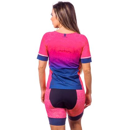 Imagem de Kit triathlon top com mangas e bermuda elite pink flower uv 50+ kauna