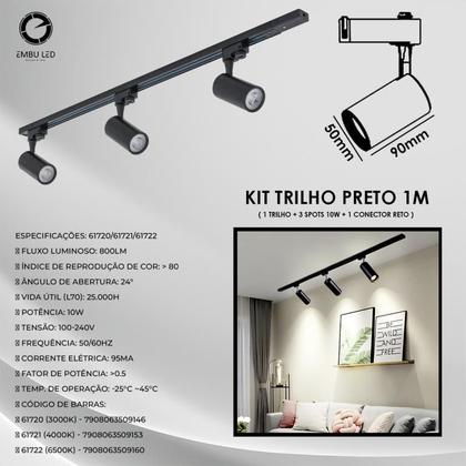 Imagem de Kit trilho + spots pretos - branco neutro (1 trilho de 1m + 3 spots 10w + 1 conector reto)