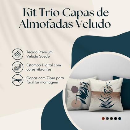 Imagem de Kit Trio Capas de Almofadas Estampadas Folhas em Veludo Suede 45cm x 45cm Decoração para Sala