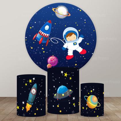 Imagem de Kit Trio de Capas Cilindro + Painel Tema Astronauta Veste Fácil 3d Sublimado C/elástico Festa Aniversario