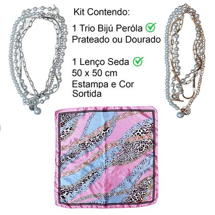 Imagem de Kit Trio de Colar Choker Misto com Pérola + 1 Lenço Estampado 50x50 Pescoço Cabelo Bolsa = Total 4 Produtos