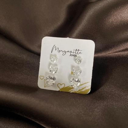 Imagem de Kit trio de prata brinco de coração com zircônias Prata legítima 925 ponto luz