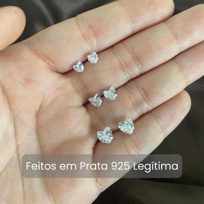 Imagem de Kit trio de prata brinco de coração com zircônias Prata legítima 925 ponto luz