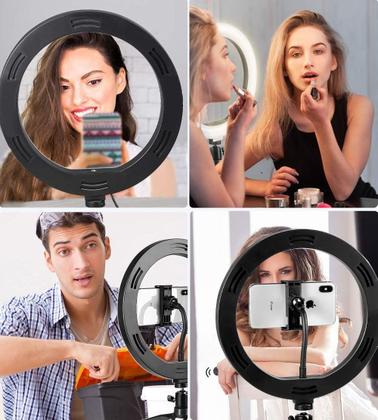 Imagem de Kit Tripé 1,80 metros profissional + Luz Led Ring light Iluminador Acessórios Filmagem Câmera Celular