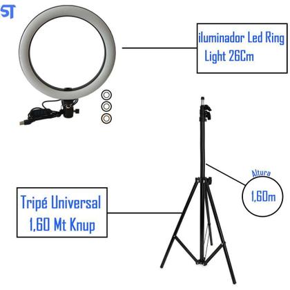 Imagem de Kit Tripé Universal Knup 1,60M+Ringlight 10.2 5500K 26Cm 5V