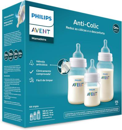 Imagem de Kit Triplo Mamadeira AntiColic Philips Avent 125ml 260ml 330ml SCY11918 Transparente