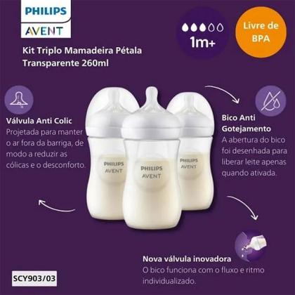 Imagem de Kit Triplo Mamadeira Petala 3.0 Transparente 260ml SCY903/03 Philips Avent