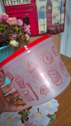 Imagem de Kit tupper caixa potes mantimentos base transparente e tampa vermelha 3 peças
