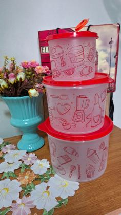 Imagem de Kit tupper caixa potes mantimentos base transparente e tampa vermelha 3 peças